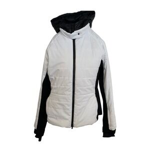 Athleta Grace Peak Puffer Jacket White Black Hooded Zip Up Womens L missing belt